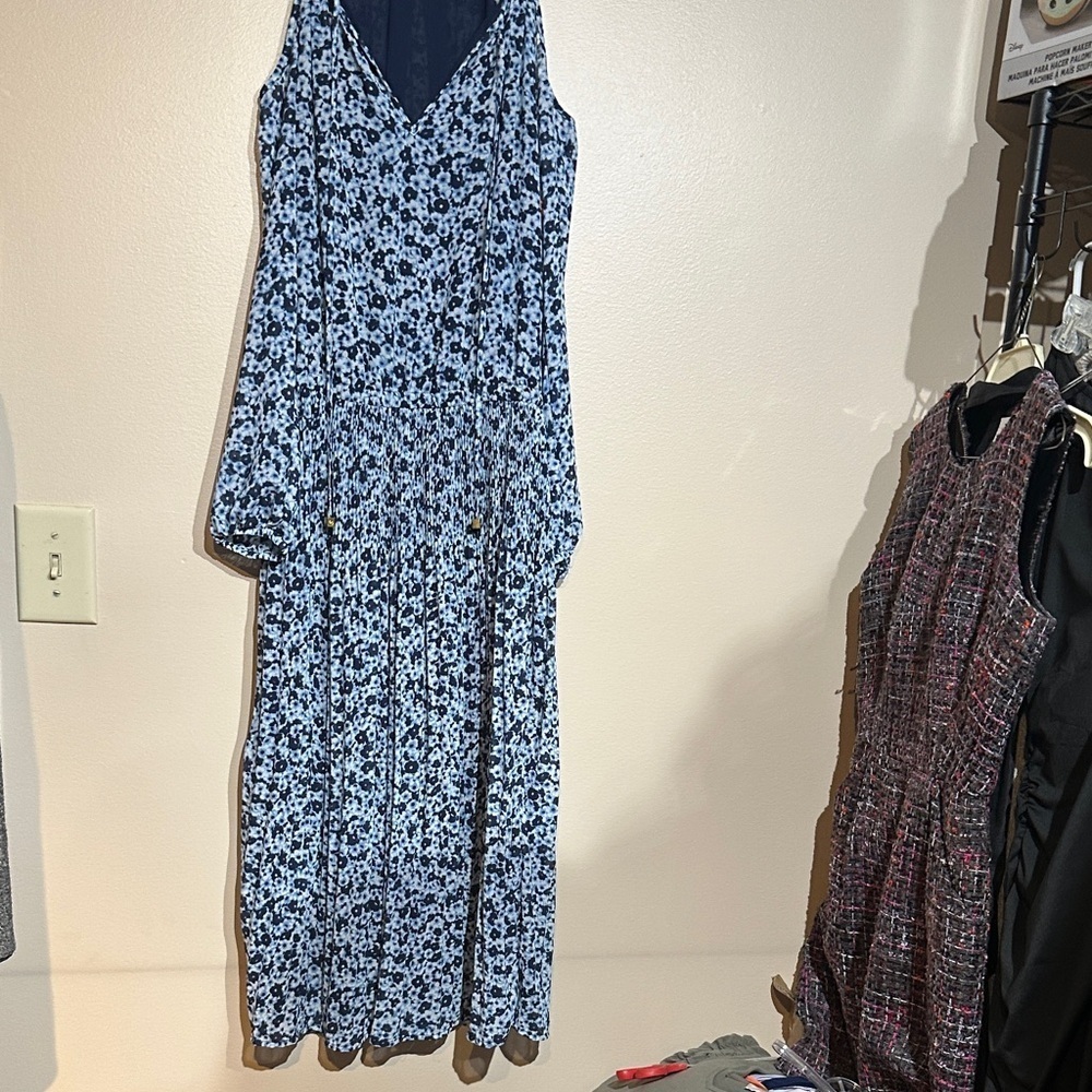 Michael Kors True Navy Floral Cold Shoulder Tie-Neck Pleated Midi Dres